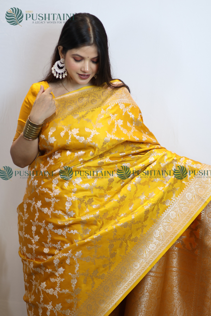 Mustard Colour Banarasi Mashru Silk Jaal work Saree