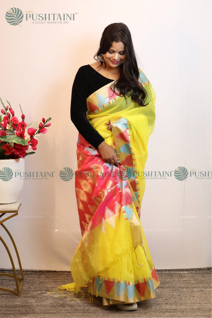 Yellow Colour Fancy Anchal Border Saree