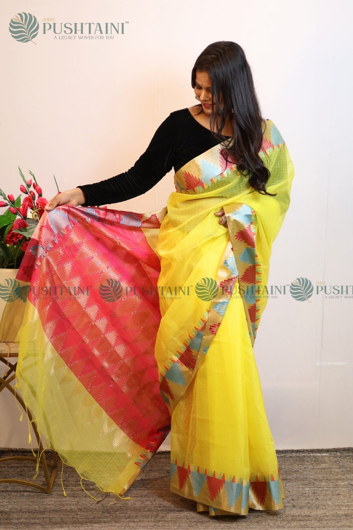 Yellow Colour Fancy Anchal Border Saree