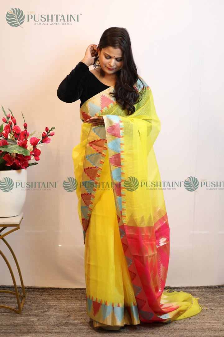 Yellow Colour Fancy Anchal Border Saree