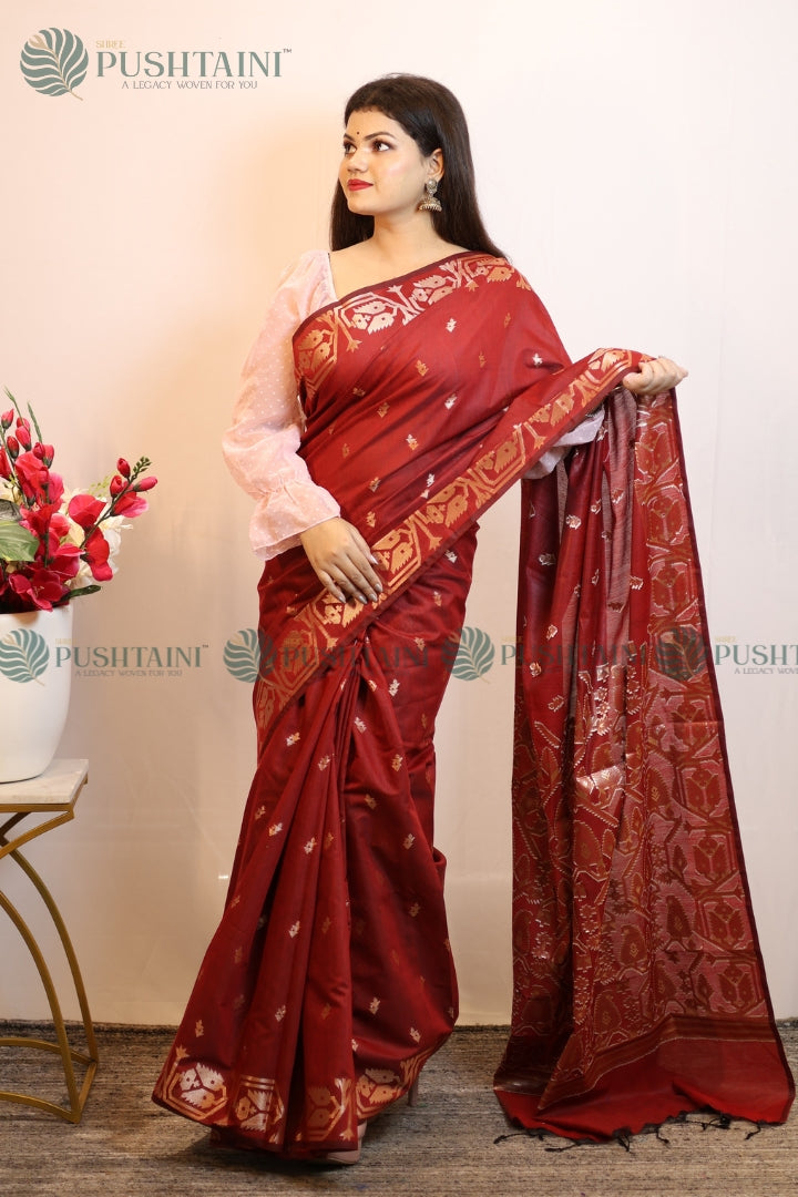 Maroon Cotton Silk Fancy Saree