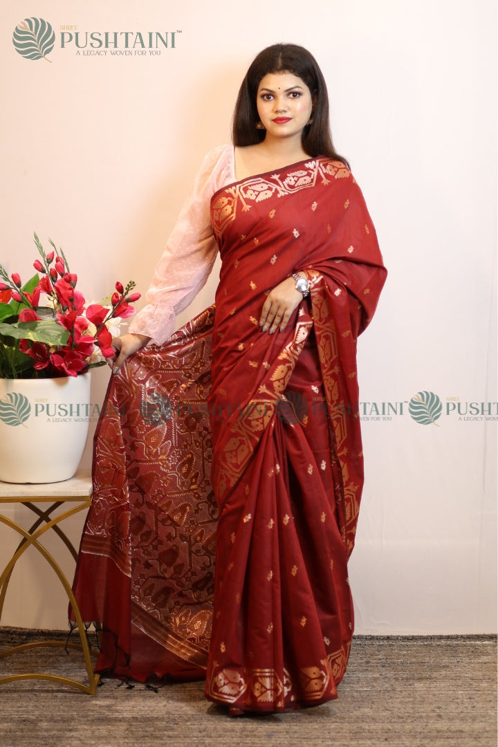 Maroon Cotton Silk Fancy Saree